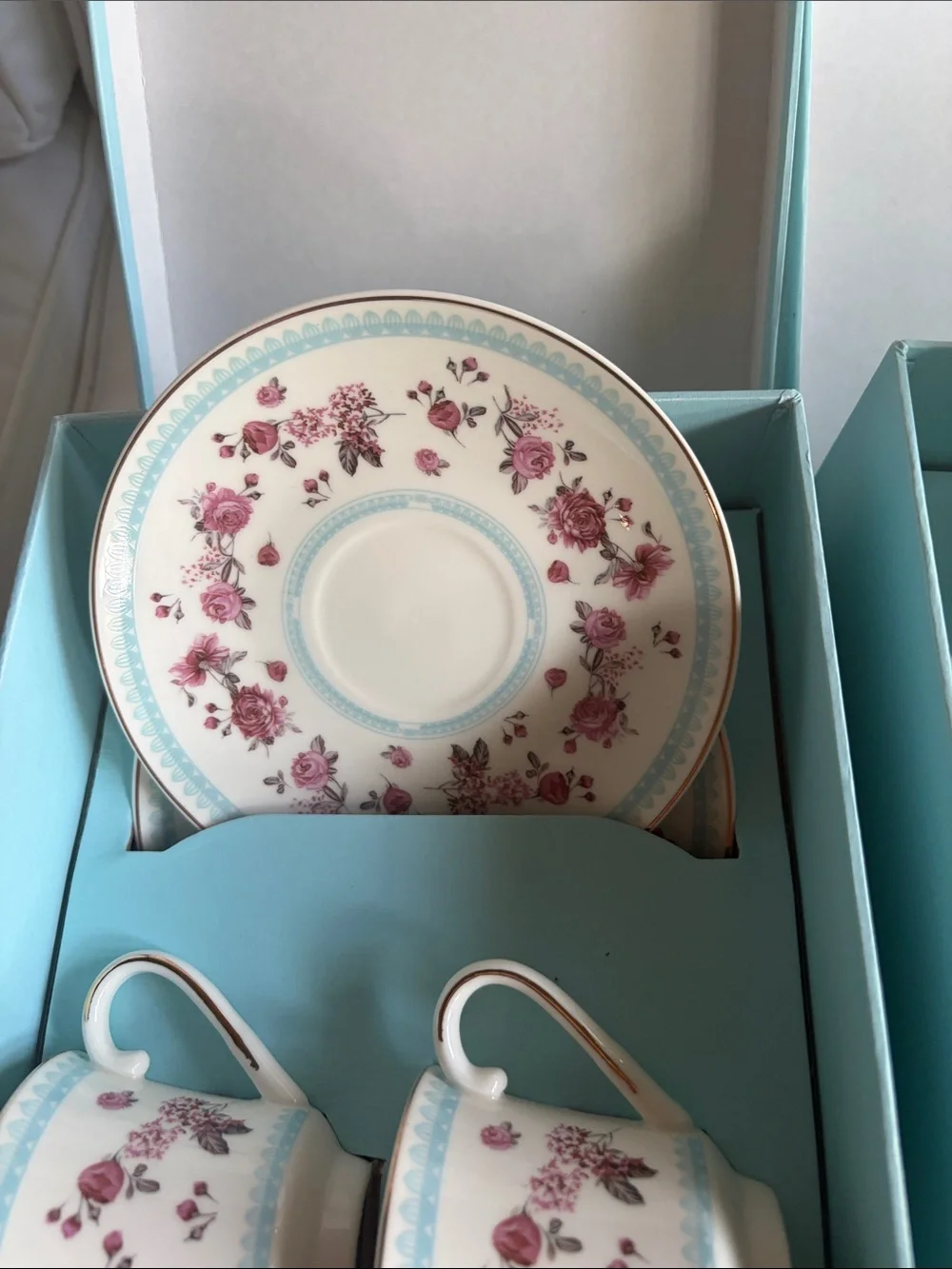 Shabby Chic Pink Rose Teacup and Saucer Set with Blue Trim